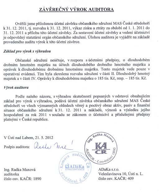 7.2 Výrok auditora Výroční zpráva MAS České středohoří za rok 2011 Dílčí nedostatky vznikly na základě odlišného účtování podnikovým informačním systémem, kterým bylo doposud účetnictví MAS vedeno a