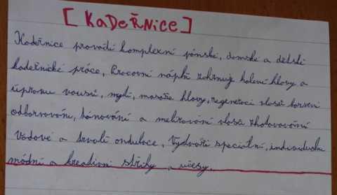 Obrázek 1 - kadeřnice Samanta Kalová Vždycky mě bavilo si upravovat vlasy. Mám už od děcka vlasy dlouhé. Nikdy jsem je neměla krátké. U nás v rodině nikdy žádná holka neměla krátké vlasy. Ani máma.