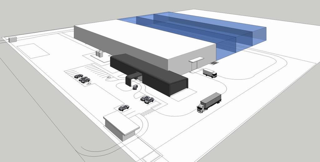 Základní parametry objektů: Objekt výroby a administrativy Výrobní hala první etapy je obdélného tvaru 700m x 36m, výšky cca 11,5m.