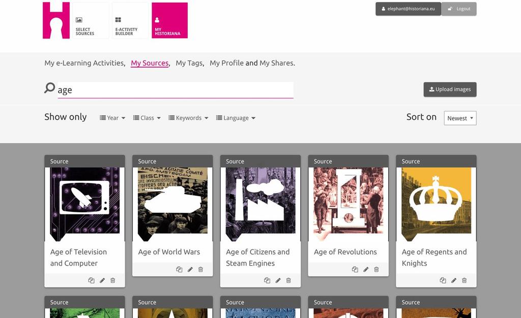 Výběr a stažení zdrojů Pro výběr zdrojů jděte na MySources v sekci MyHistoriana. Vyhledávání lze provést pomocí volného textu.