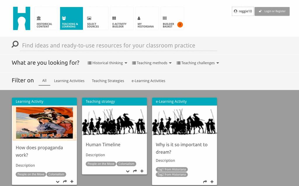 Sekce teaching and learning umožňuje uživatelům Historiana prohlížet na