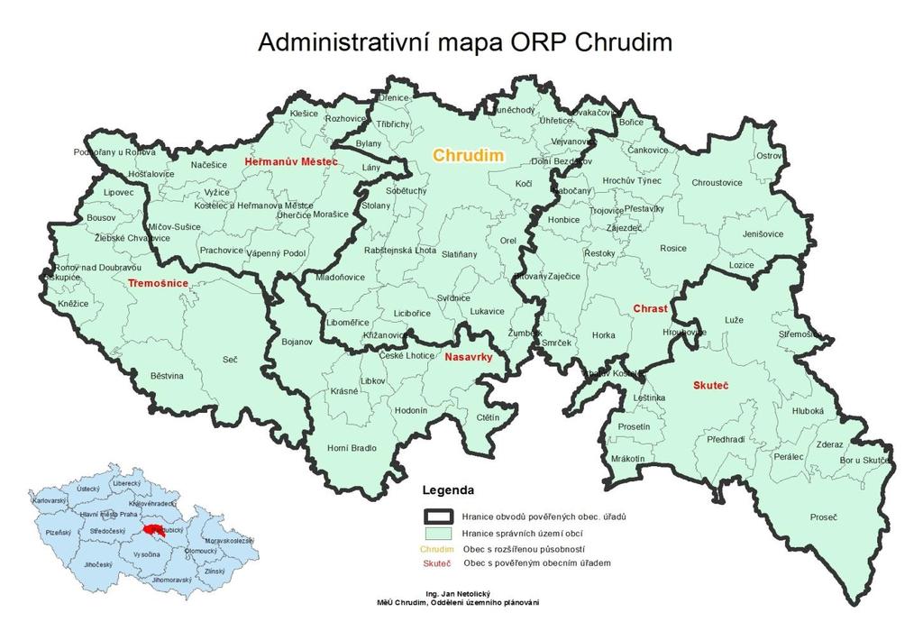 1.1 Administrativní vymezení ORP Chrudim se nachází v jihozápadní části Pardubického kraje. Na západě sousedí se Středočeským krajem přesněji s ORP Čáslav.