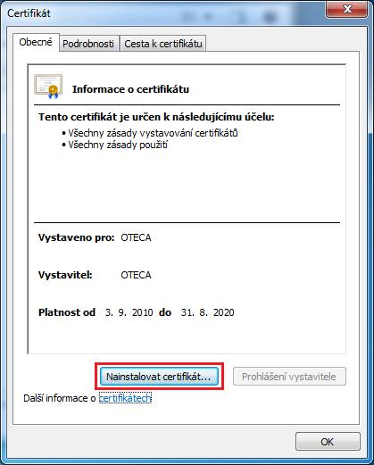 8 2.2 Nastavení prohlížeče Internet Explorer 2.2.1 Instalace kořenové autority OTECA Pro přístup na stránky https://portal.ote-cr.