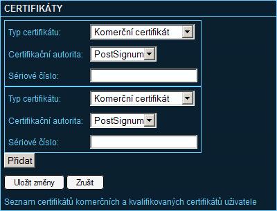 3.6.8 Úprava osobních certifikátů uživatele Zobrazte si údaje daného uživatelského účtu (viz kapitola 3.6.3) a u údaje Certifikáty klikněte na odkaz Upravit.