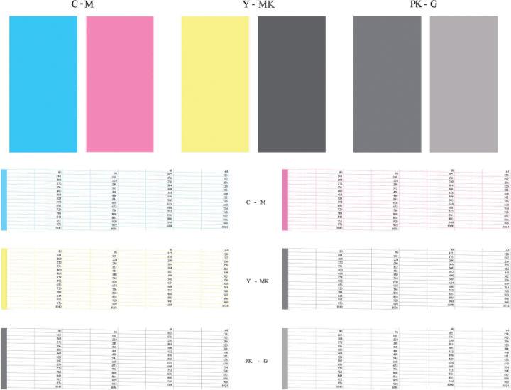 Nejprve se podívejte na horní část výtisku (část 1). Každý barevný obdélník by měl být rovnoměrně zbarvený bez vodorovných pruhů. Poté se podívejte na dolní část výtisku (část 2).