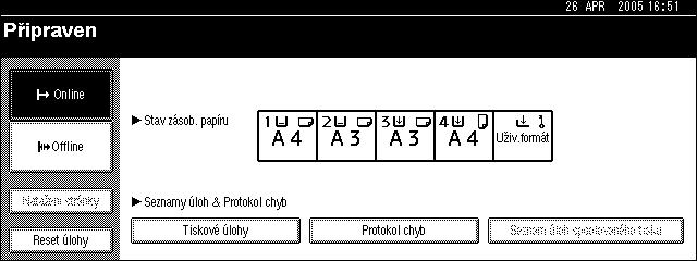 Displej Tato èást popisuje konfiguraci pomocí ovládacího panelu pøi zvolení funkce tisku. Poèáteèní displej Dùleôité Je-li zaøízení ve stavu online, bìhem provádìní nastavení pøejde do stavu offline.