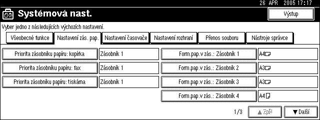 Nastavení formátu papíru na ovládacím panelu Postupujte níôe uvedenîm zpùsobem a nastavte zaøízení pomocí ovládacího panelu pro vkládání papíru standardního formátu do boèního zásobníku.