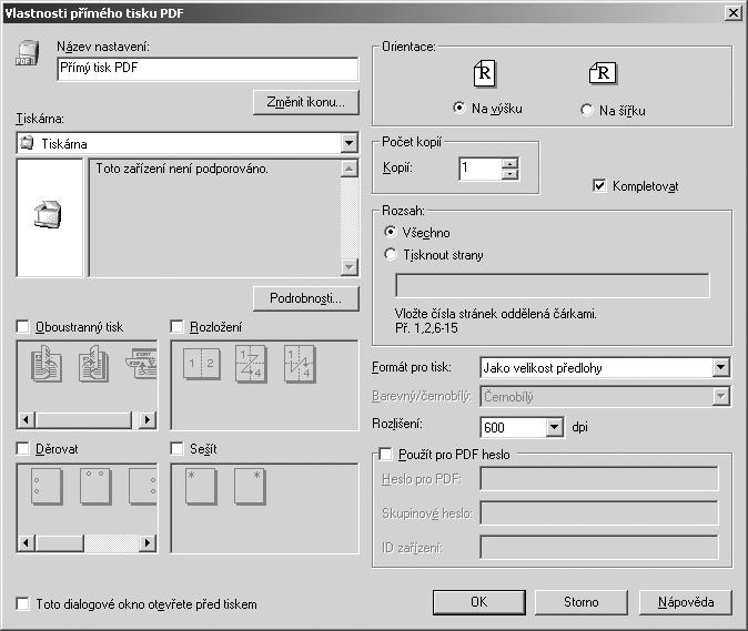 Jiné tiskové úlohy Vlastnosti pøímého tisku PDF 3 CS ASF001S 1. Název nastavení: Zobrazí název konfigurace zásuvného modulu (aô 63 znakù) 2. Zmìnit ikonu... Zmìní ikonu zobrazenou na panelu nástrojù.