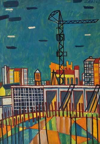 46 46. Radim Malát (1930 1997) Město s jeřábem olej, plátno, 1963, 70 x 50 cm, sign. PN Malát 63, rám, typická ukázka z díla originálního českého umělce, jenž vystudoval na Pedagogické fakultě UK u C.