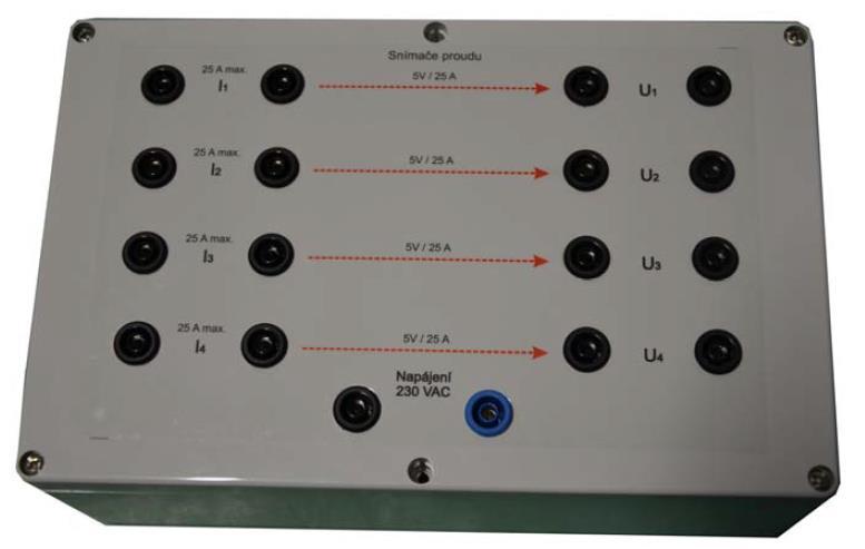 2 Popis jednotlivých prvků sestavy 23 Obr. 2-23 Přední panel snímače proudu 5 V/ 25 A, převzato z [2] Obr. 2-24 Schéma proudového snímače LA 25-NP, převzato z [2] a modifikováno 2.