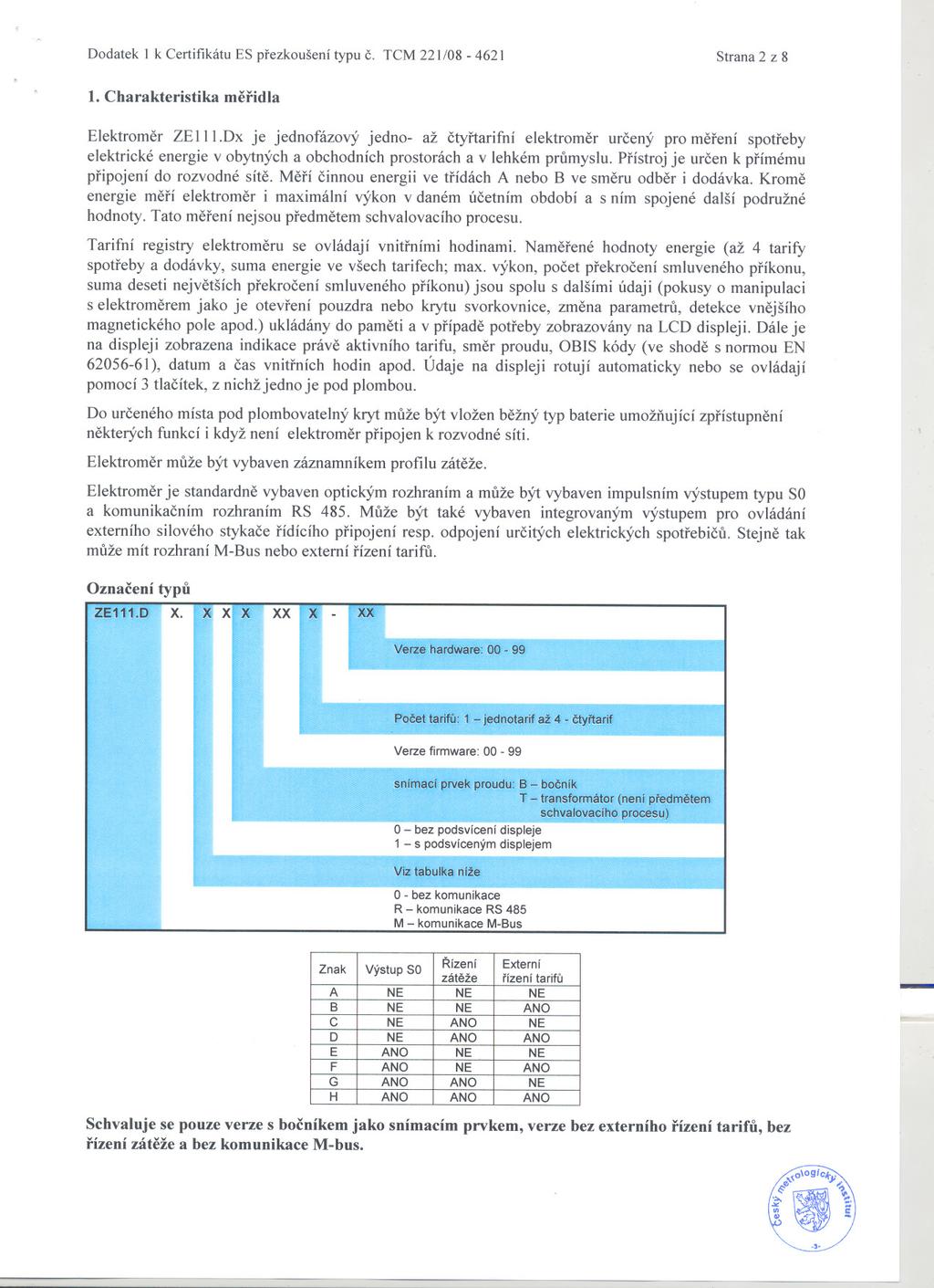 Ddatek 1 k Certifikátu ES prezkušení typu c. TCM 221/08 4621 Strana 2 z 8 1. Charakteristika meridla Elektrmer ZE 111.