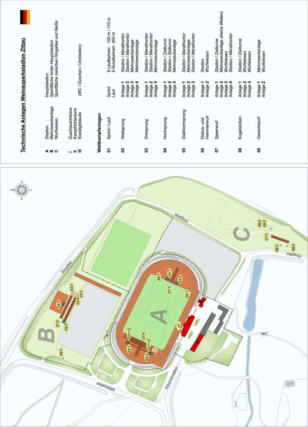 PLÁN STADIONU Skok vysoký 1+2 (A 04/1 a 2) a skok daleký 1+2 (A 02/1 a 2) se konají na stadionu, skok daleký 3+4 na víceúčelovém zařízení (B 02/3 a 4).