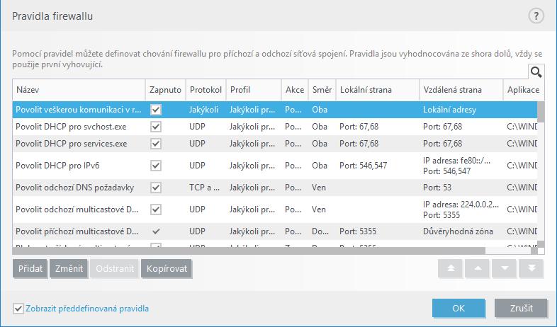4.3.3.1 Nastavení pravidel Dialogové okno Pravidla firewallu zobrazíte kliknutím na Změnit vedle položky Pravidla v sekci Obecné.