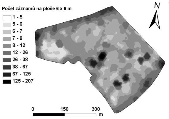 Obrázek 3-3: Mapa představuje součet počtu záznamu v čase na příslušných plochách 6 x 6 m (Kroulík a kol., 2011). V neposlední míře se svažitost pozemku projeví na spotřebě pohonných hmot.