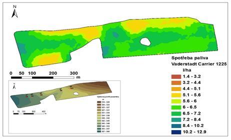 Nárůst spotřeby paliva souvisí se změnou nadmořské výšky porostu, kterou znázorňuje vložená mapa výškového modelu terénu, upraveno podle Kroulík a kol. (2017) 