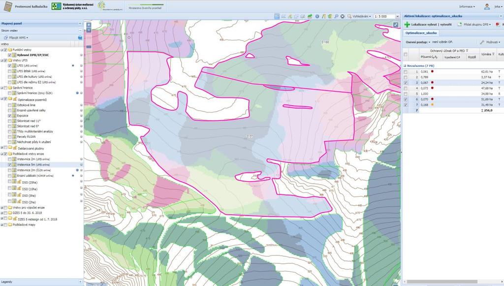 K vrstvám s hydrologickou tématikou patří, v modulu Optimalizace velikosti pozemku i vrstva odtokových linií, která je totožná s vrstvou odtokových linií dostupných v LPIS.