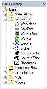 5. přednáška - Plant Simulation Zdroje Složka Resources slouží k modelování pracovníků a jejich přiřazování jednotlivým pracovištím prostřednictvím WorkerPool.