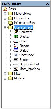 5. přednáška - Plant Simulation Uživatelské rozhraní Položky ze skupiny UserInterface slouží ke komfortnější práci se vstupy a výstupy modelů.