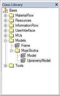 5. přednáška - Plant Simulation Modely Složka Models slouží k ukládaní vytvářených modelů. Strukturu knihovny tříd lze libovolně měnit.