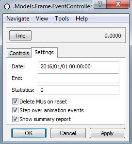 EventController Ikona Tlačítkem Time se přepíná Absolutní čas simulace(1) vs. Relativní čas simulace(2). Pole Date (3) znamená datum a čas začátku simulace (datový formát datetime).
