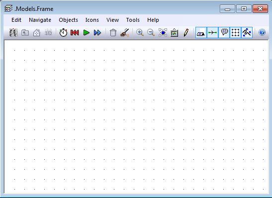 Frame Ikona Objekt kategorie Material Flow. Má nulovou kapacitu. Slouží k vytváření modelových struktur pomocí seskupování objektu na prvku samotném.