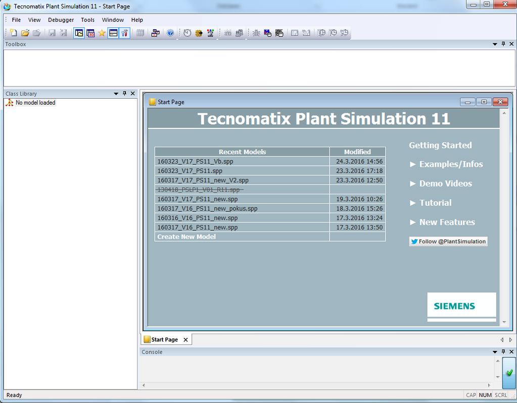 5. přednáška - Plant Simulation Úvodní programová stránka Po spuštění softwaru se otevře toto programové okno.