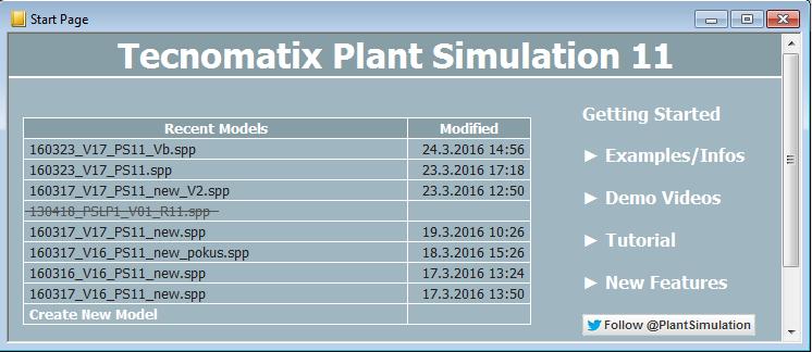 5. přednáška - Plant Simulation Úvodní programová stránka Tato nabídka slouží k rychlému navození posledně modifikovaných modelů, tvorby nového modelu a dalších doplňkových služeb (příklady, videa ze