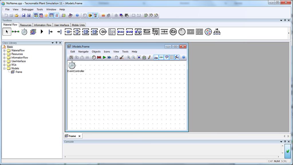 5. přednáška - Plant Simulation Nový model Soubory programu Plant Simulation mají koncovku *.spp (1). Soubor obsahuje vždy hierarchicky uspořádanou knihovnu tříd (2) Class Library.