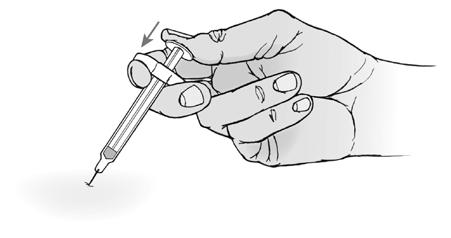 Sejměte kryt jehly (víčko) až tehdy, když jste připraveni na aplikaci injekce. Jednou rukou držte stříkačku za tělo a druhou rukou sejměte ve vodorovném směru kryt jehly (Obrázek 4).