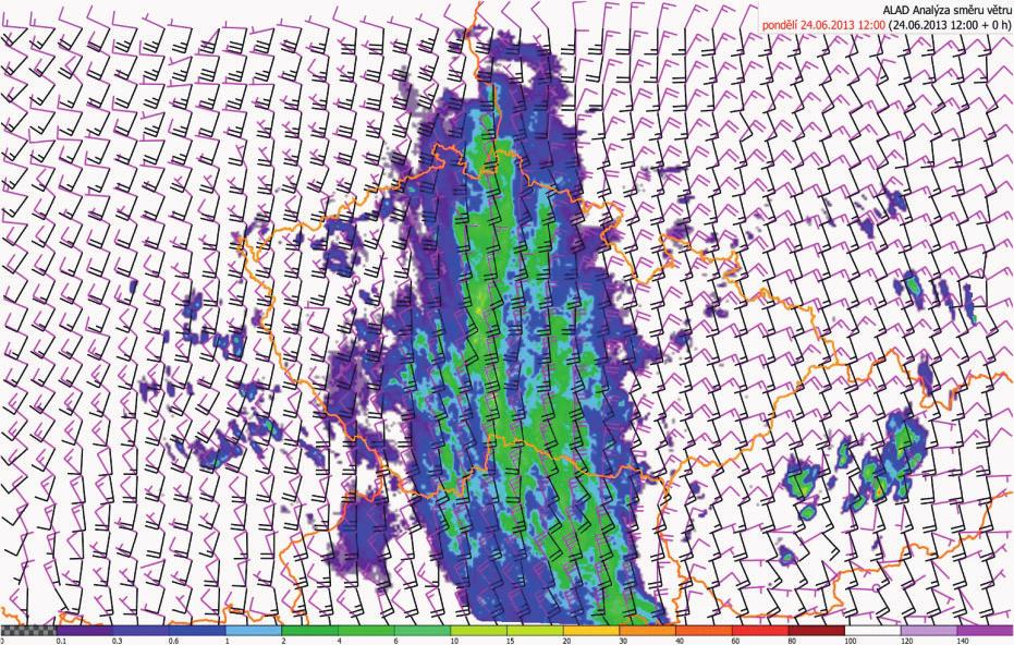 Obr. 18 Analýza větru ve vybraných hladinách (fialové praporky vítr v hladině 850 hpa, černé praporky vítr v hladině 500 hpa) dne 24. 6.