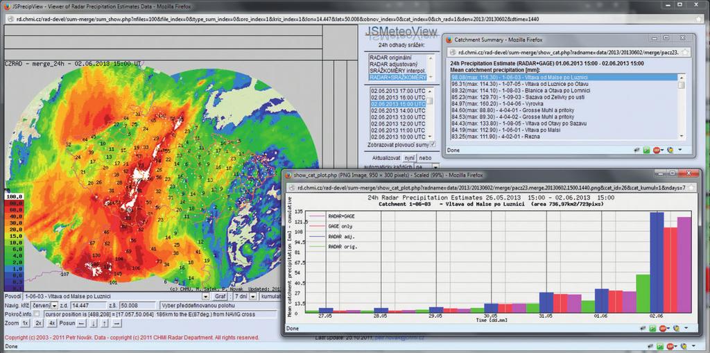 Obr. 2 Ukázka vizualizace kombinovaných odhadů srážek v aplikaci JSPrecipView. Fig. 2. Example of visualization of combined precipitation estimates in JSPrecipView. Obr.