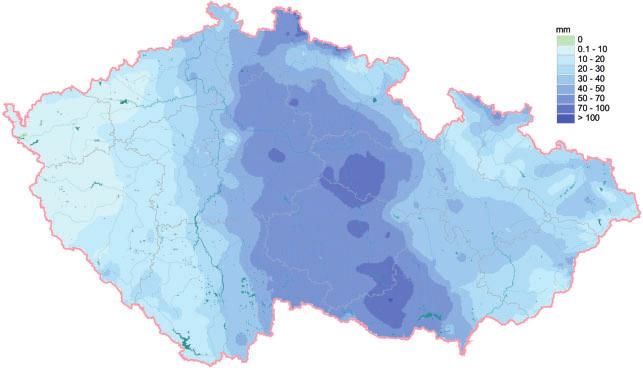 a) 24. 6. 2013 b) 25. 6. 2013 Obr. 9 Denní úhrn srážek [mm] 24. a 25. 6. 2013 na území ČR. Fig. 9. Daily precipitation amount [mm] on 24 th and 25 th June 2013. Tab.