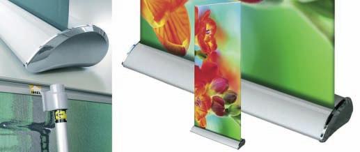 ROLL-UP/BANNER SYSTÉMY Roll-Up STYLE Popis: Stylový systém Roll-up z hliníku se snímatelnými bočnicemi v barvě chromu. Plynule nastavitelná výška díky dvoudílné teleskopické tyči.