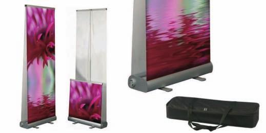 ROLL-UP/BANNER SYSTÉMY Roll-Up PREMIUM DUO Popis: Prémiový systém Roll-Up z hliníku, extrémně stabilní, možnost teleskopického vysouvání a nastavení Bannerů je možné pomocí pružinového mechanismu