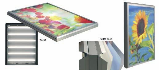 SVĚTELNÉ SKŘÍNĚ A SLOUPY INDOOR Světelná skříň SLIM jednostranná Popis: Tato jednostranná světelná skříň s hloubkou pouhých 50 mm je na úkosu vybavena výklopnými hliníkovými profily o rozměru 25 mm,