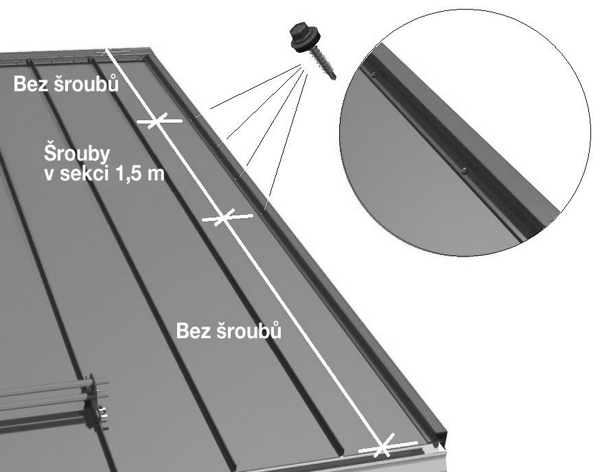 Pokud se používají boční upevňovací prvky, připevněte bok štítového lemování na horní hraně štítového prkna pomocí šroubů do střešní krytiny 4,8 x 28 mm vzdálených přibl. 500 mm od sebe (obrázek 24a).