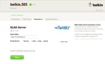 Další možnosti Media Server by mytwonky Media Server by mytwonky umožňuje routeru přenášet hudbu, filmy a fotografie do různých zařízení DLNA/UPnP v síti.