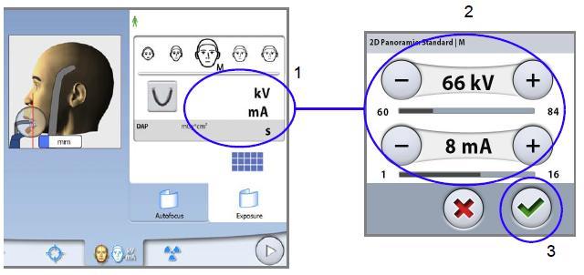 9 PANORAMATICKÉ SNÍMKOVÁNÍ Přednastavené hodnoty (kv, ma) můžete pro konkrétní expozici změnit změnit: 1. Klikněte na políčko kv/ma 2. Použijte tlačítek mínus anebo plus.