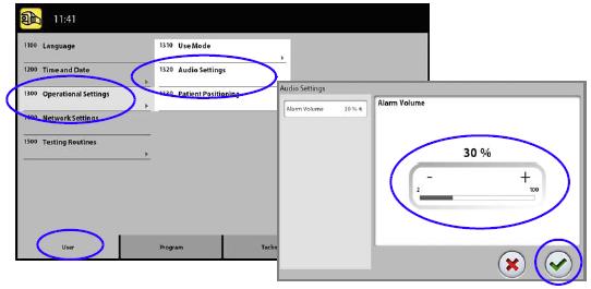 12 NASTAVENÍ Nastavení Audio: 1. Zvolte User > 1300 Operational Settings > 1320 Audio Settings 2. Vyberte Hlasitost alarmu Toto nastaví hlasitost varovného tónu radiace.