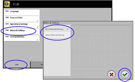 12 NASTAVENÍ 12.1.4 Nastavení sítě (1400) Zobrazení Síťového Nastavení: 1. Zvolte User > 1400 Network Settings 2. Vyberte síťové nastavení, které chcete vidět.