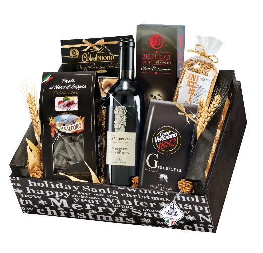 semolinové mouky 250 g 1 x balení předvařené uzeniny Cotechino 250g Dřevěný piknikový kufřík ručně vyplétaný z přírodního dřeva 1 xbalení sušenek Cantuccini s brusinkami Ghiott 100g 1 xhříbkovo