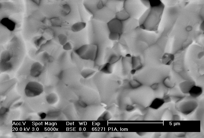 Obrázek 4.10 b) Lomová plocha LaNiO 3-δ (P1A) při zvětšení 5000x, BSE Na mikrofotografiích je patrné, že slinutá keramika má pouze malou pórovitost.