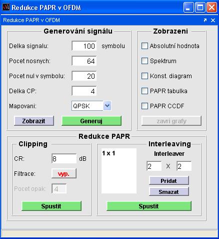 Pokud je výpočet generovaného signálu dokončen, jsou aktivovány zbylé panely programu (metody redukce PAPR, tlačítko Zobrazit) viz obr.: 4.1b).