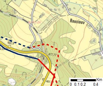 Přechod nadzemního vedení do kabelu: Lokalizace místa přechodu mezi nadzemním vedením a kabelem byla ovlivněna: - Poslední mimoúrovňovou křižovatkou na Rousínov - Křížením silnice se železnicí Oboje
