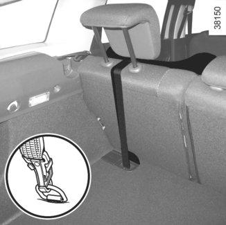 BEZPEČNOST DĚTÍ: výběr upevnění dětské sedačky (2/2) Potáhněte za pás 2 tak, aby se opěradlo dětské sedačky dotýkalo opěradla sedadla vozidla.