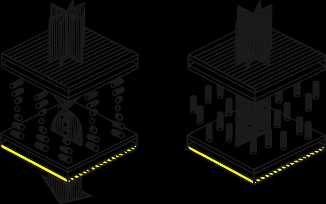 Obrázek 6.5: Schéma LCD displeje. Vlevo světlo prochází skrz. Vpravo světlo pohltí polarizační filtr. Upraveno z [59] Žlutě je zvýrazněna vrstva polarizačního filtru.