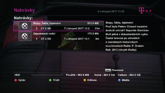 MÉDIA MÉDIA NAHRÁVKY Pro spuštění nahrávání při sledování programu stiskněte tlačítko REC. Nahrávání začne okamžitě od daného momentu. Nahrávání zastavíte stisknutím tlačítka STOP.