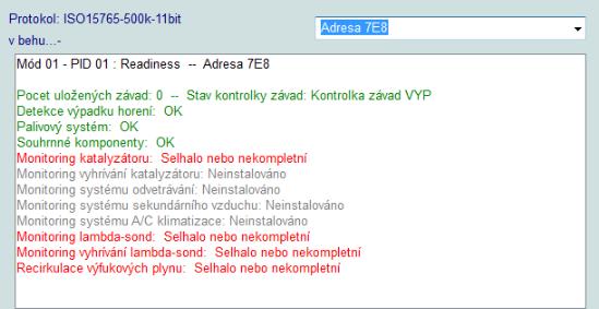 Obr. 61 Readiness VCDS (Focus) Vyčtení paměti závad v paměti nebyly uloženy žádné chybové kódy. Měřené hodnoty z poměrně malé nabídky hodnot jsem vybral následující: Tab.