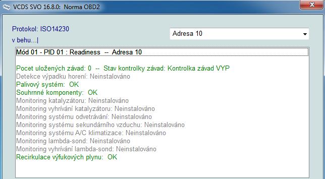Obr. 66 Readiness VCDS (Stilo) Vyčtení paměti závad v době vyčtení paměti závad nebyly uloženy žádné chybové kódy.