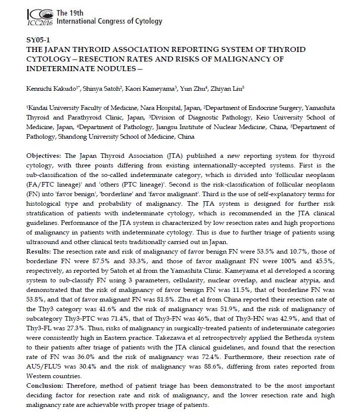 Japan Thyroid Association (JTA) tři odchylky od mezinárodních klasifikací: sub-klasifikace kategorie indeterminate: 'folik.
